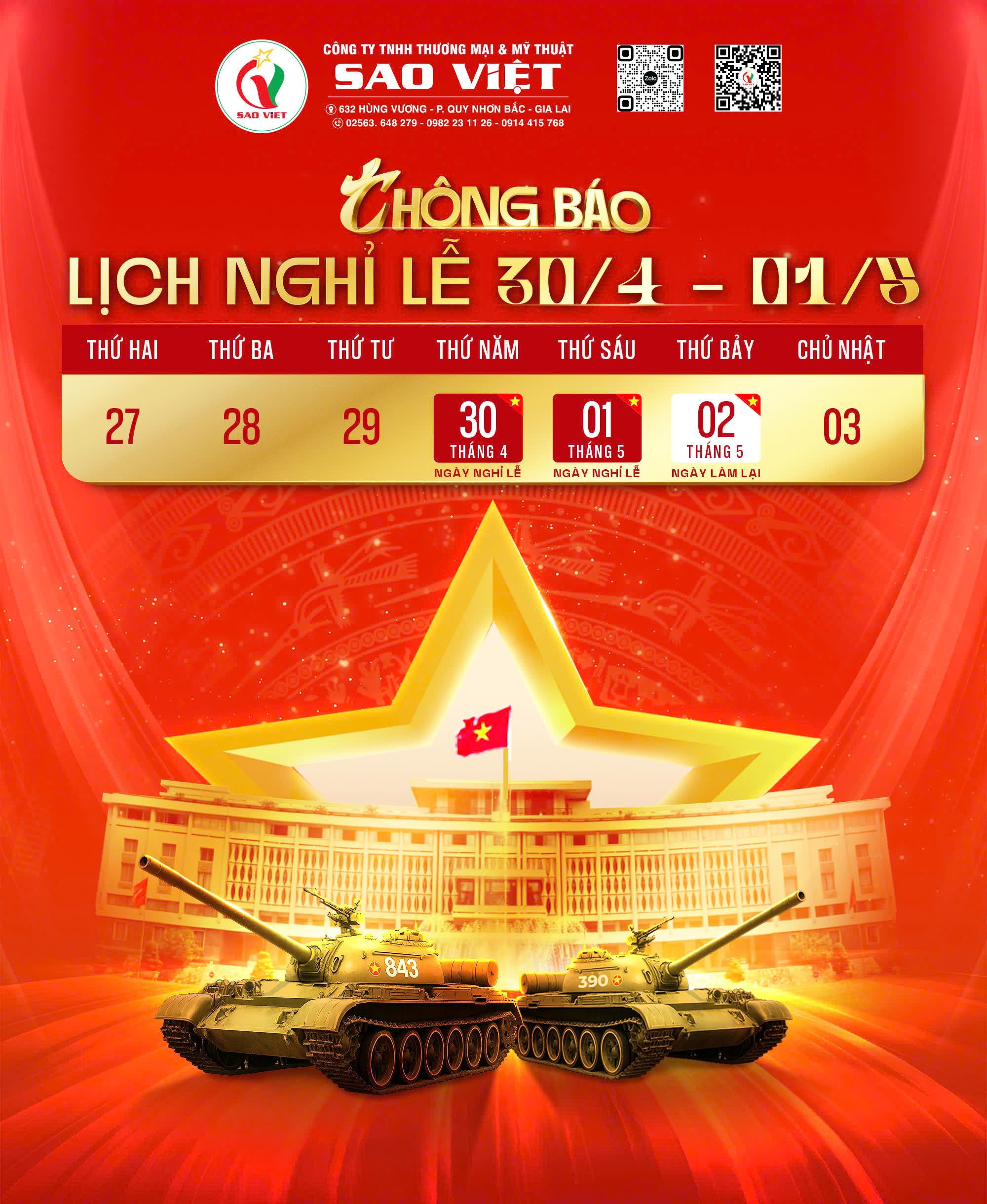 [THÔNG BÁO] LỊCH NGHỈ LỄ GIẢI PHÓNG MIỀN NAM 30/04 & QUỐC TẾ LAO ĐỘNG 01/05